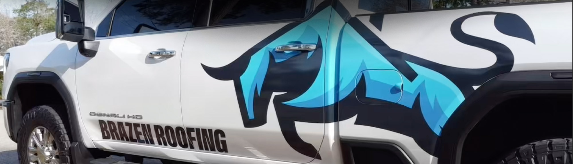 Close-up of Brazen Roofing branded truck serving Oklahoma City, OK