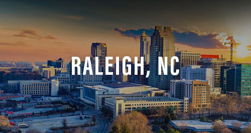 Aerial sunset view of the downtown Raleigh, NC skyline