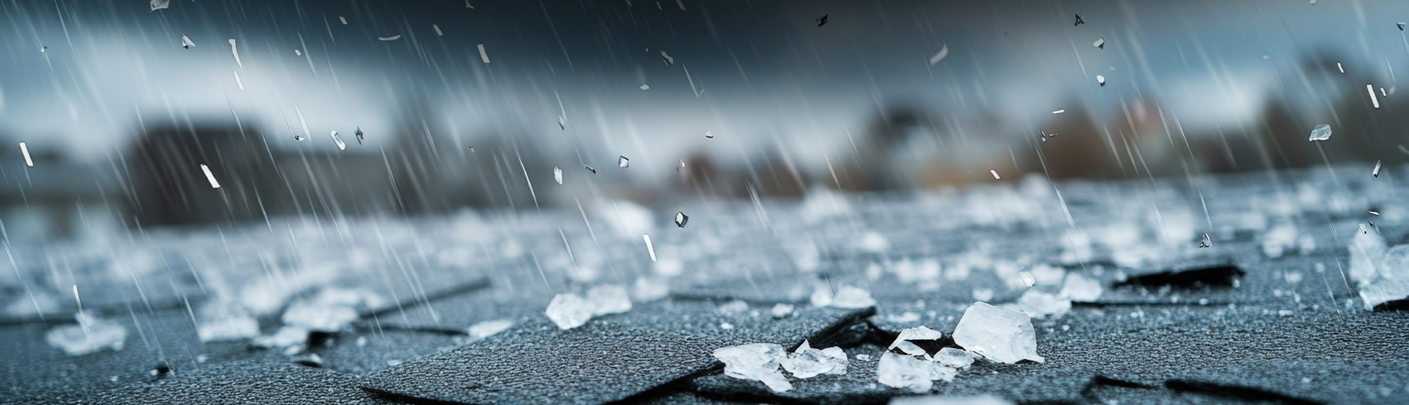 Hail and ice falling on a damaged asphalt shingle roof during a storm, the kind of storm damage repair Knoxville homeowners call us for